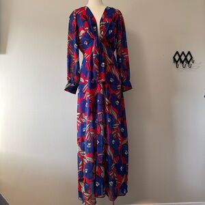 Aakaa Vibrant Blue and Red Floral Long Sleeve Dress Medium